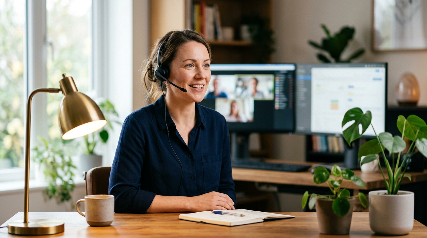 Profesional en videollamada, atención al cliente y comunicación digital