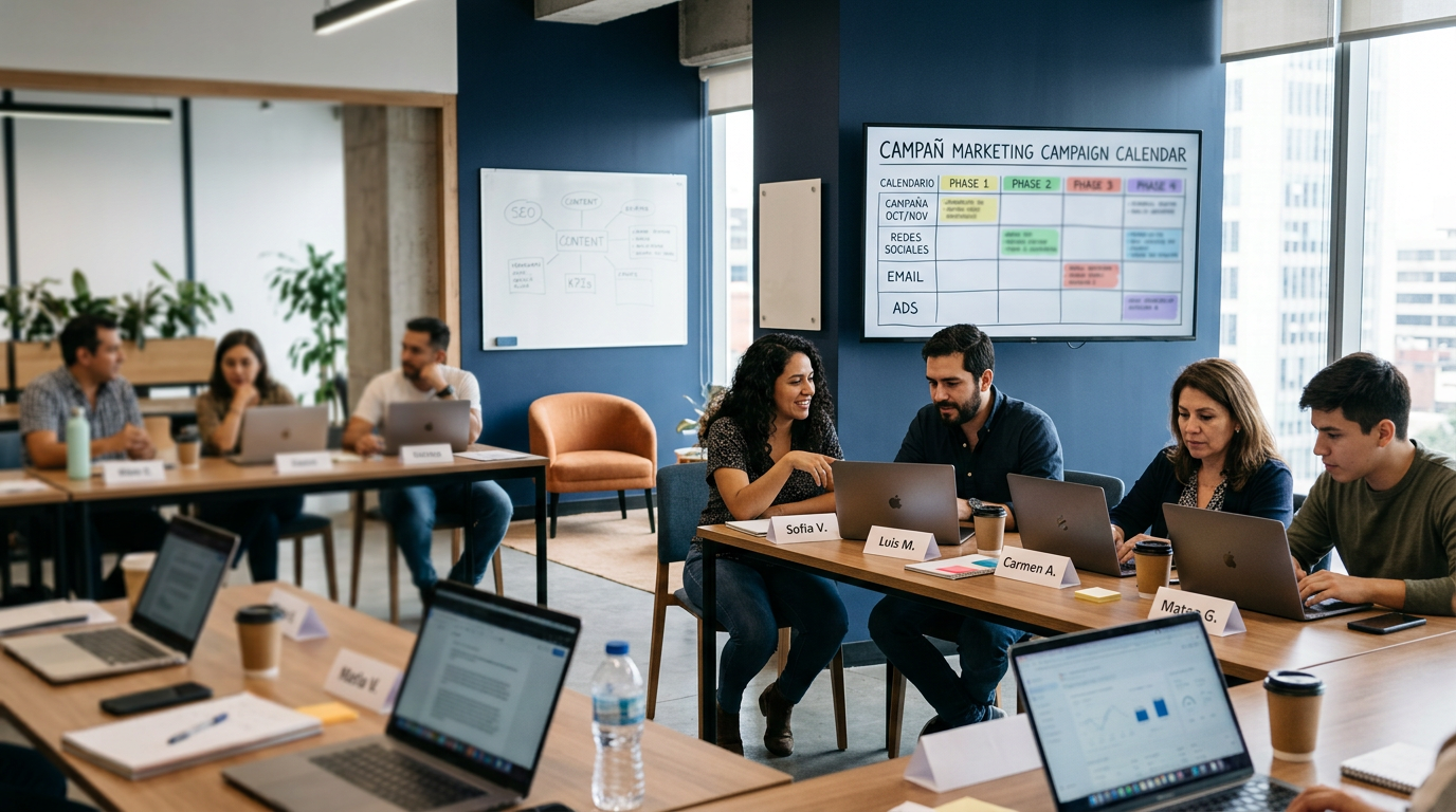 Aula y taller de marketing digital con participantes en laptops