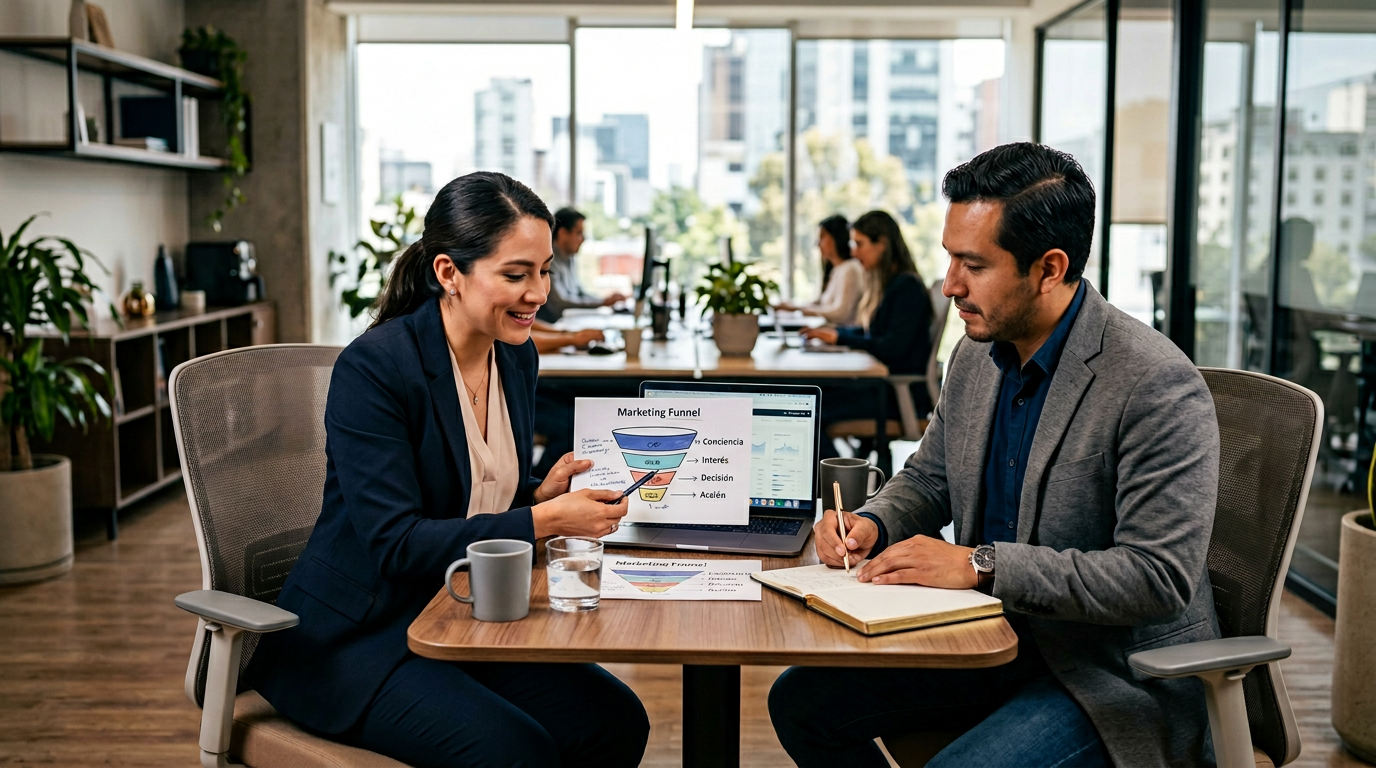 Reunión de consultoría en marketing digital con equipo revisando estrategia